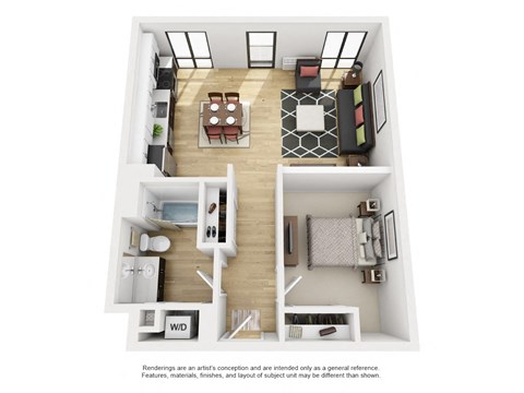 Floor plan for 1 bed, 1 bath, 701 sqft